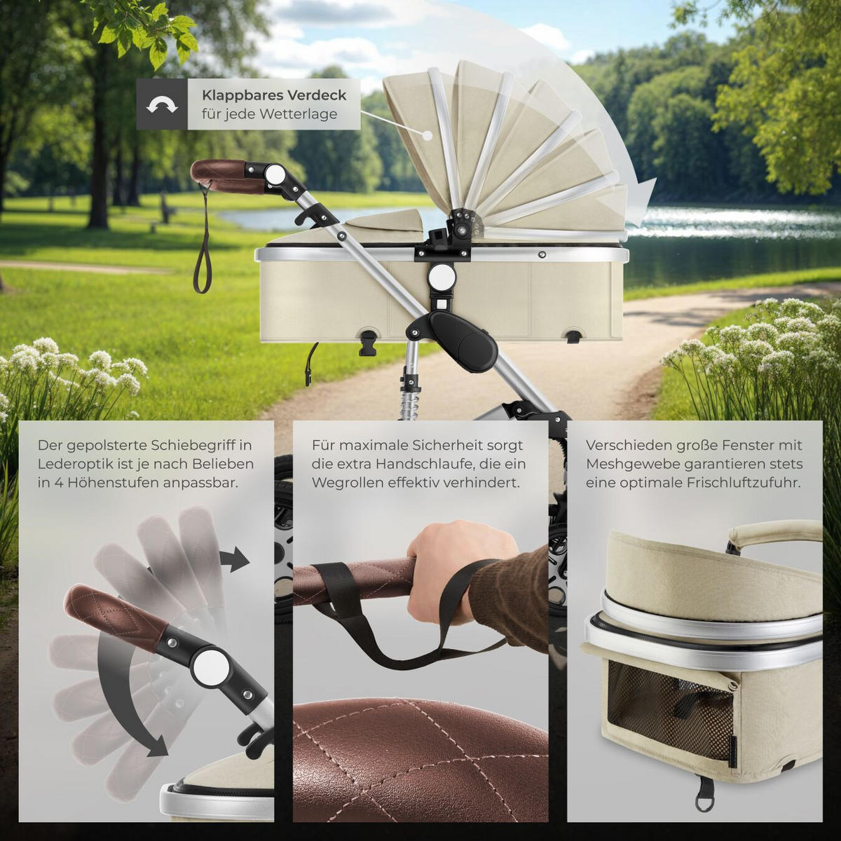 KOMBI-KINDERWAGEN Mats,für 0 bis 36 Monate geeignet, Belastbarkeit 15 kg,grau/beige - Beige/Grau, Kunststoff (100/63/120cm) - tectake