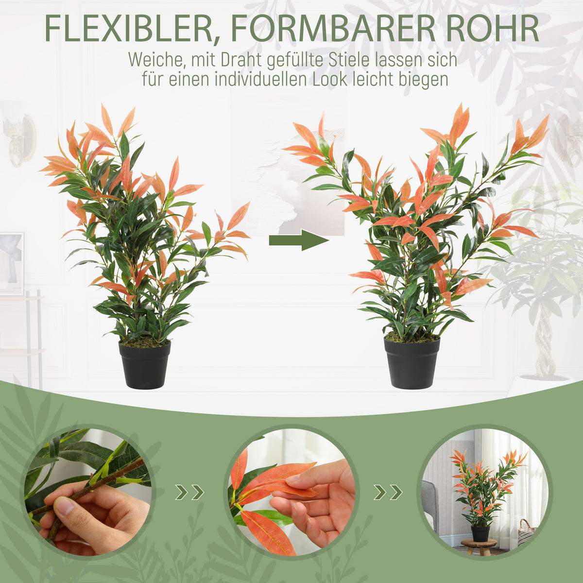 KÜNSTLICHE Glanzmispel 90 cm Kunstpflanze mit 300 Blättern künstliche Pflanze - Rot/Multicolor, Kunststoff (90cm) - HOMCOM