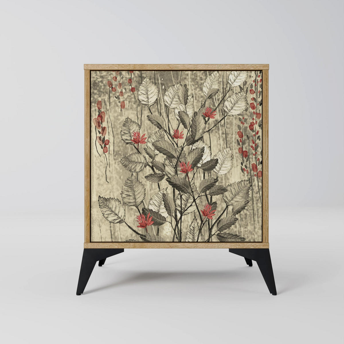 SIDEBOARD HERBAL GRACE, Eichefarben, 57,5x42x70,5 cm, Schwarze Metall-Sternfüße - Eichefarben/Multicolor, Holzwerkstoff/Metall (57.5/70.5/42cm) - SpaceRebels