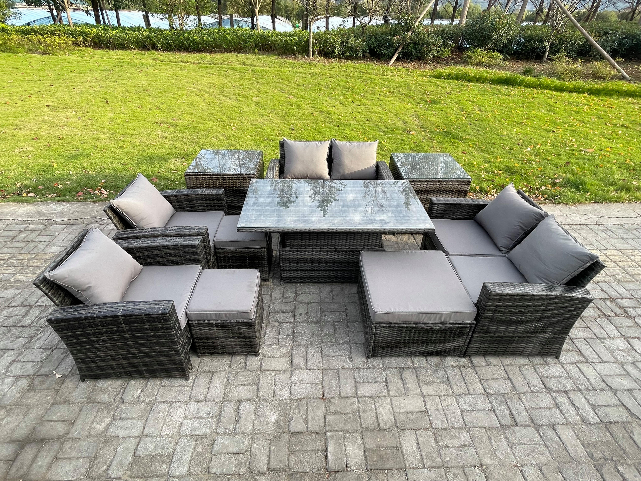 GARTENMÖBEL SET mit höhenverstellbarer Tisch Polyrattan Dunkelgrau 9-Sitzer - Dunkelgrau, Metall - Fimous