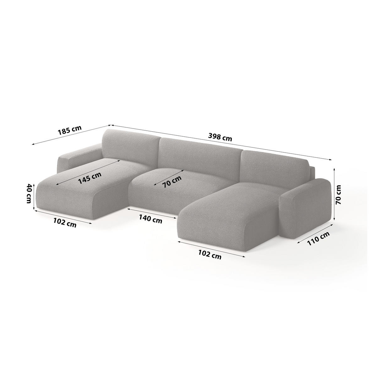 WOHNLANDSCHAFT aus Bouclé-Stoff Witsum U 8 Sitzer, Grau - Grau, Textil (185/70/398cm) - Meblito