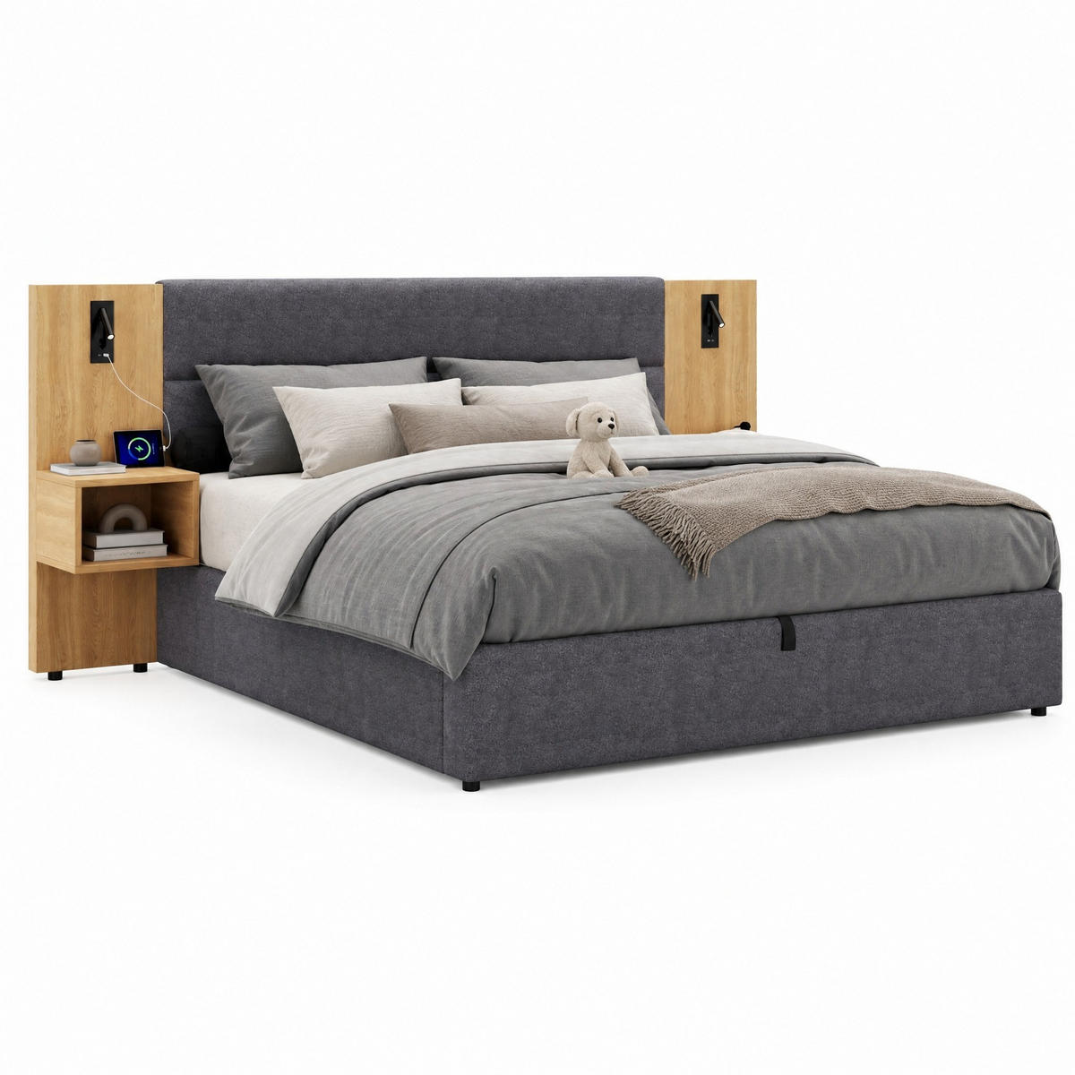 POLSTERBETT 160/200 cm in Grau & Natur mit Bettkasten, USB, LED und 2 Nachttischen Samt - Grau, Holzwerkstoff/Textil (160/200cm) - CHICFURN
