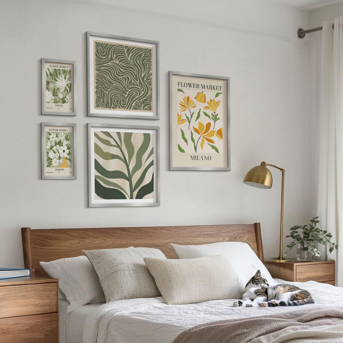 WANDBILDER 5er Set - 50x50 cm & 20x30 cm & 40x60 cm Silberner Rahmen - Pflanzenmuster, Boho-Dekorationen - Silberfarben, Kunststoff (40/60cm) - ArtPrintCave