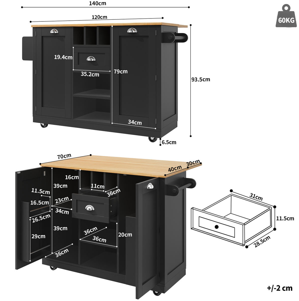 KUCHYŇSKÝ ostrůvek 140/70/93,5 cm černý z MDF s výklopnou deskou, koly a držákem na ručníky - černá, kompozitní dřevo (140/93.5/40cm) - OKWISH