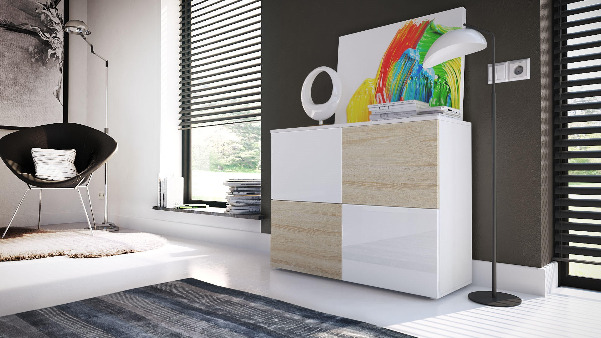 Thumbnail - Vladon Kommode, Weiß Hochglanz, Sonoma Eiche, Holzwerkstoff, 92x72x35 cm, Wohnzimmer, Kommoden & Sideboards, Kommoden