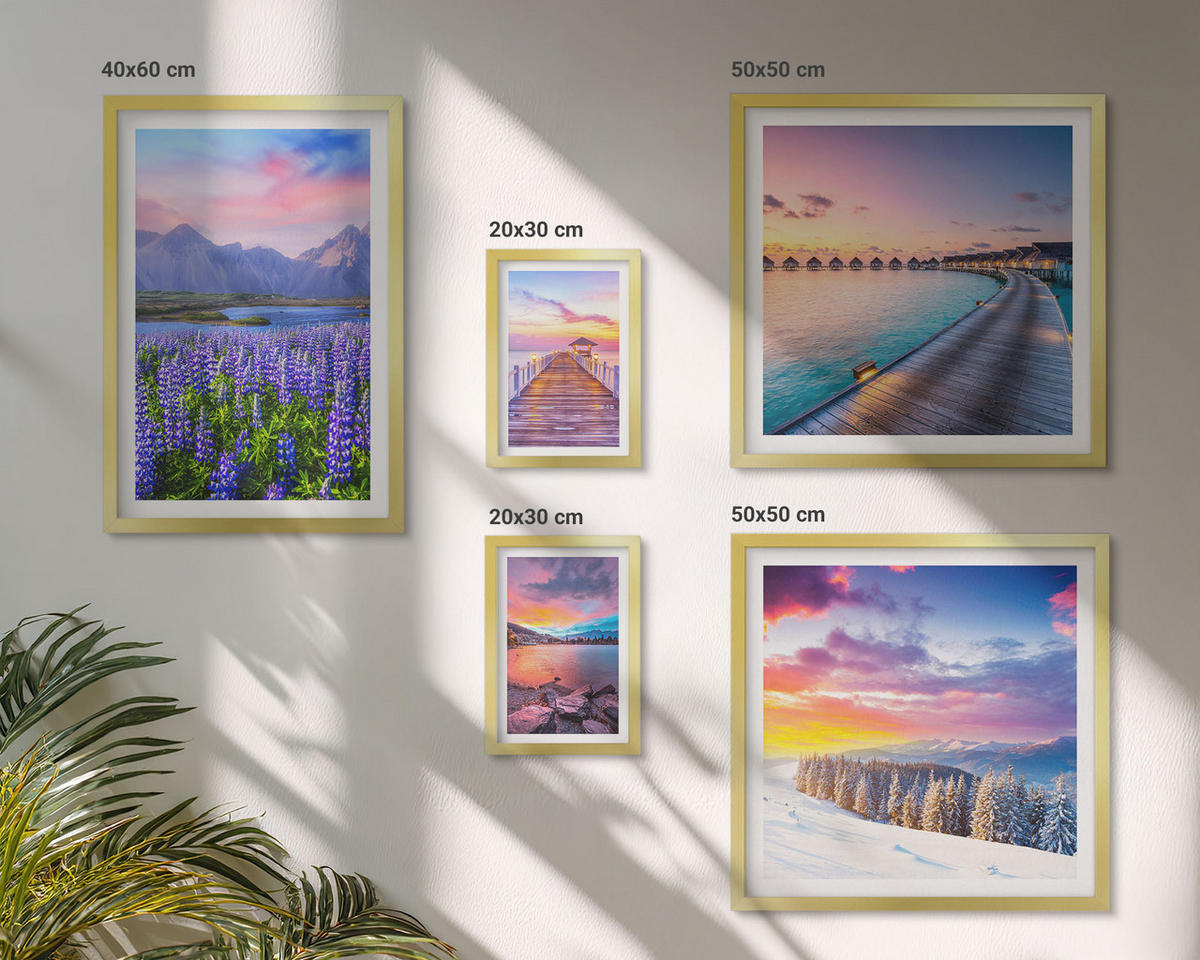 WANDBILDER 5er Set - 50x50 cm & 20x30 cm & 40x60 cm Goldrahmen - Winterlandschaft des Pierbergs - Goldfarben, Kunststoff (40/60cm) - ArtPrintCave