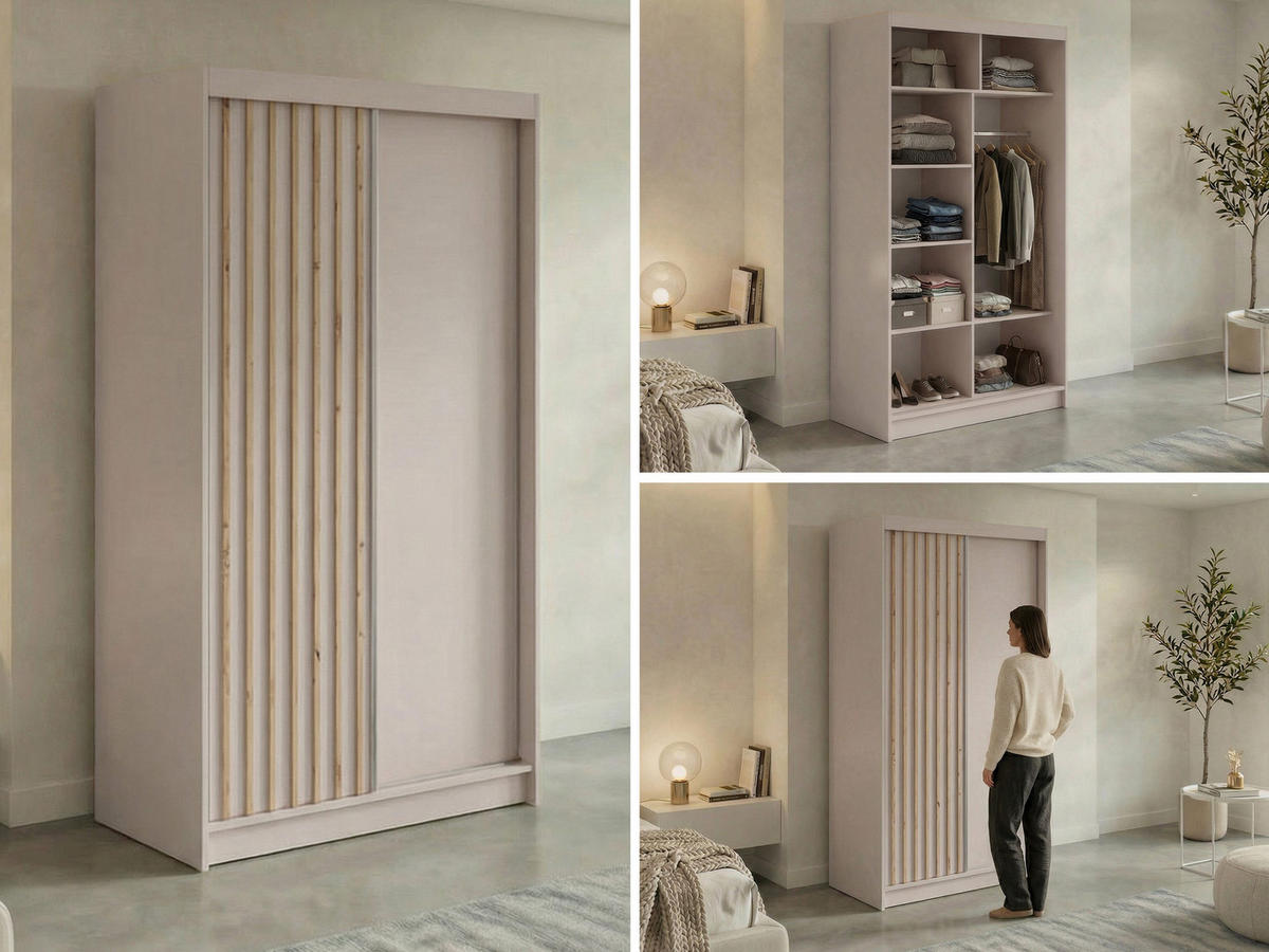 SCHWEBETÜRENSCHRANK mit Lamellen LUMOS - 120 - Kaschmir und Eiche Artisan - Kaschmir/Alufarben, Holzwerkstoff/Metall (120/216/61cm) - MKS