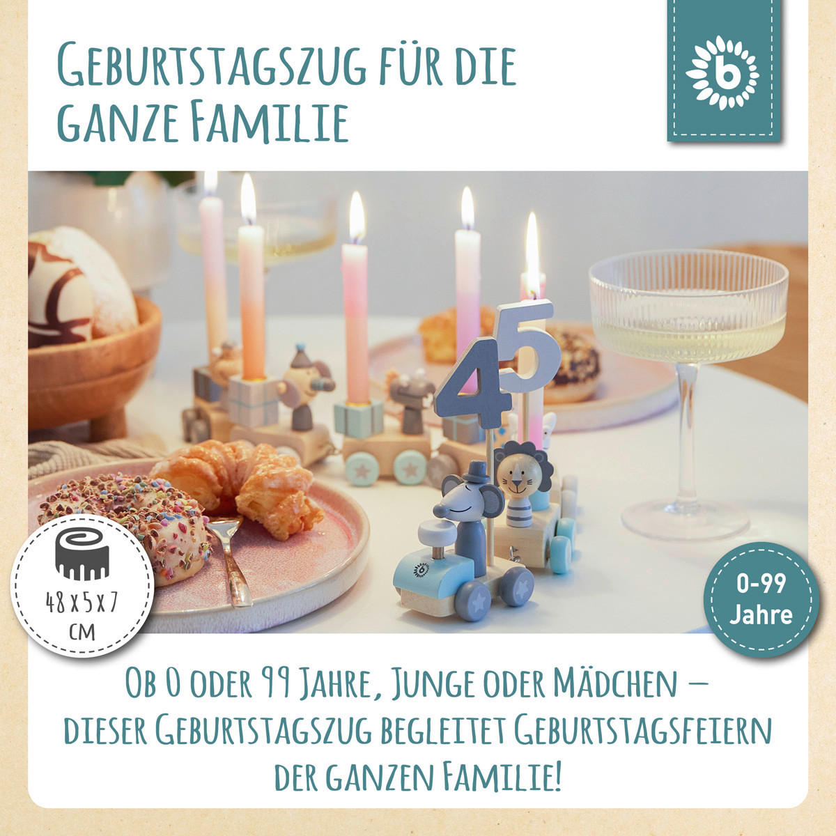 GEBURTSTAGSZUG mit 6 Kerzen Scandi - Blau, Holz (5/48cm) - Bieco Spielwaren