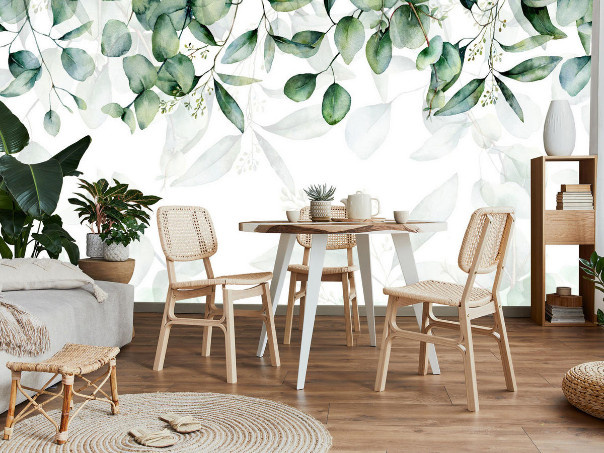 FOTOTAPETE Eukalyptus Blätter Pflanzen Natur 300x210 - Weiß/Grün, Papier (300/210cm) - Muralo
