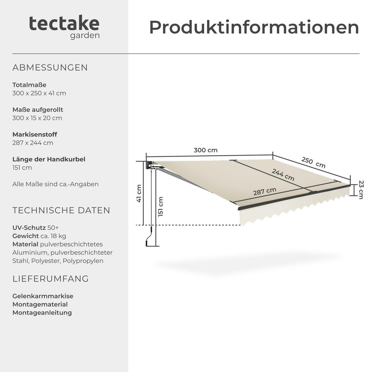 GELENKARMMARKISE Ornella,inkl. Wandhalterung,beige - Beige, Kunststoff (300/41/250cm) - tectake