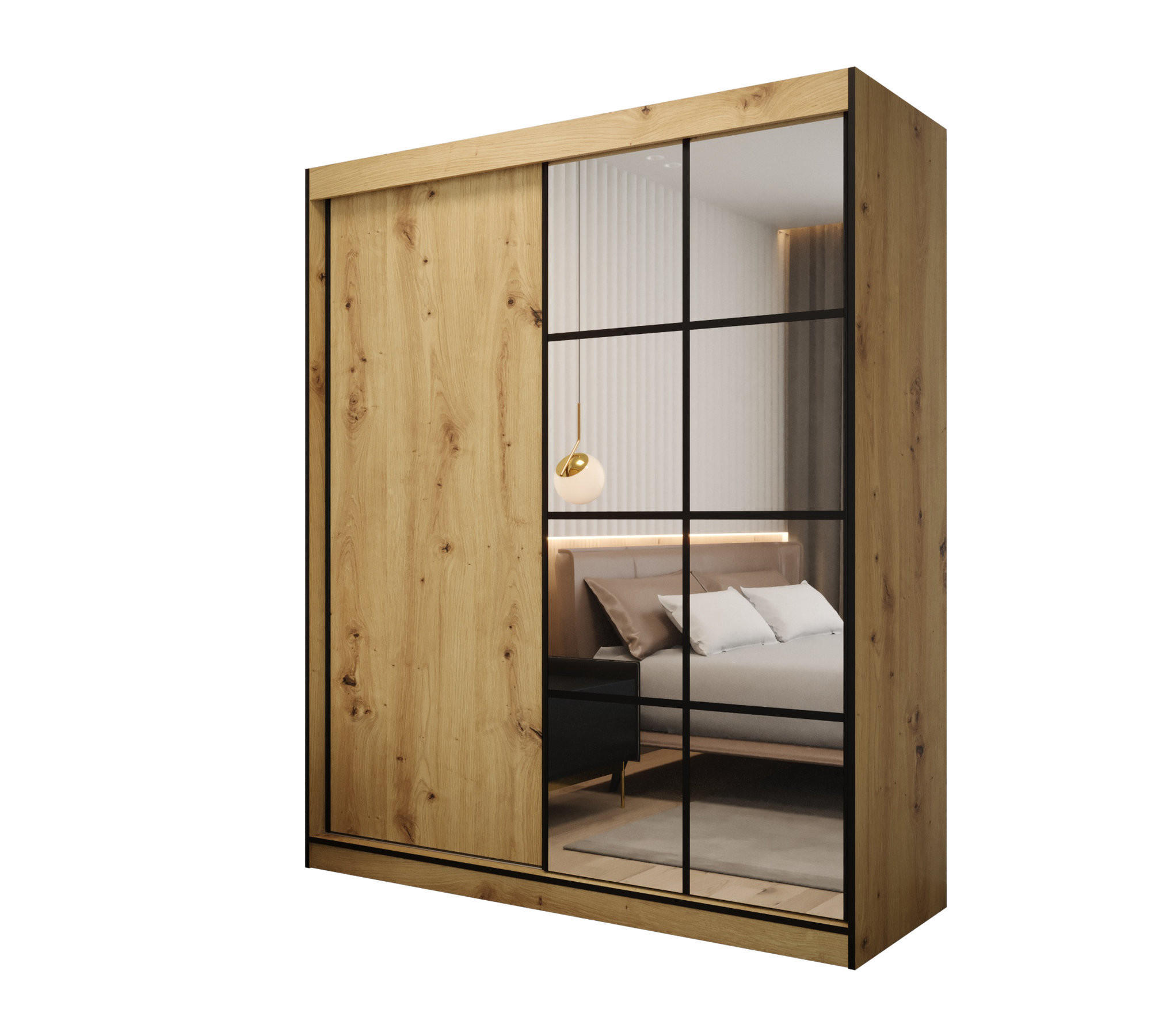 SCHIEBETÜRENSCHRANK MODENA 2 180, 2-türig Kleiderschrank mit 1 Spiegel, Moderne Garderobe, Schrank in Größe: 180 x 216 x 65 cm - Schwarz/Braun, Holzwerkstoff (180/216/65cm) - O-Sofa