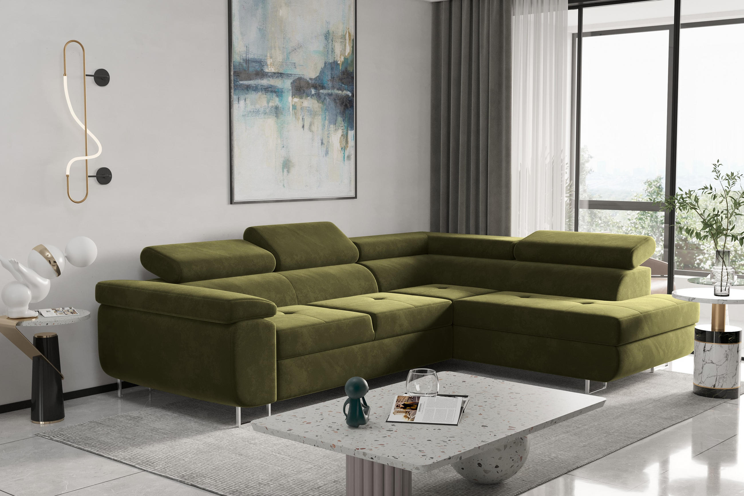 ECKSOFA mit Schlaffunktion und Bettkasten ATOM Olive Rechts - Olivgrün, Holz/Textil (275/202cm) - Kaiser Möbel