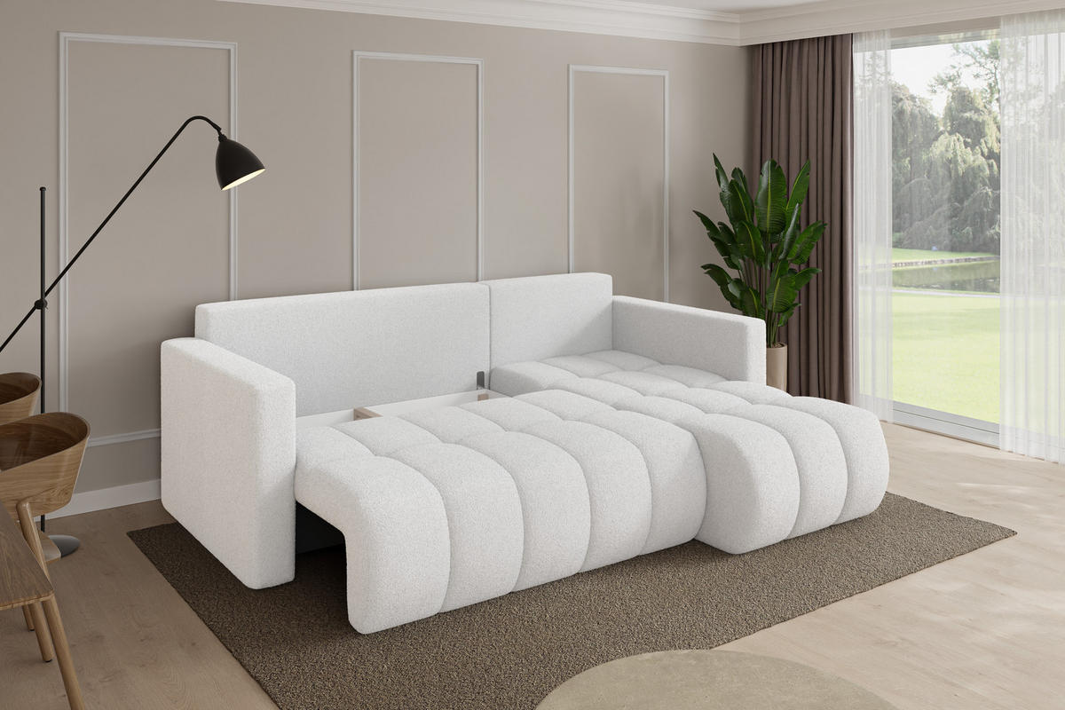 ROHOVÁ SEDAČKA s funkcí spaní, otoman vpravo GARD-L 226x146x85 bílá bouclé - bílá/černá, kompozitní dřevo/textil (226/146cm) - ALTDECOR