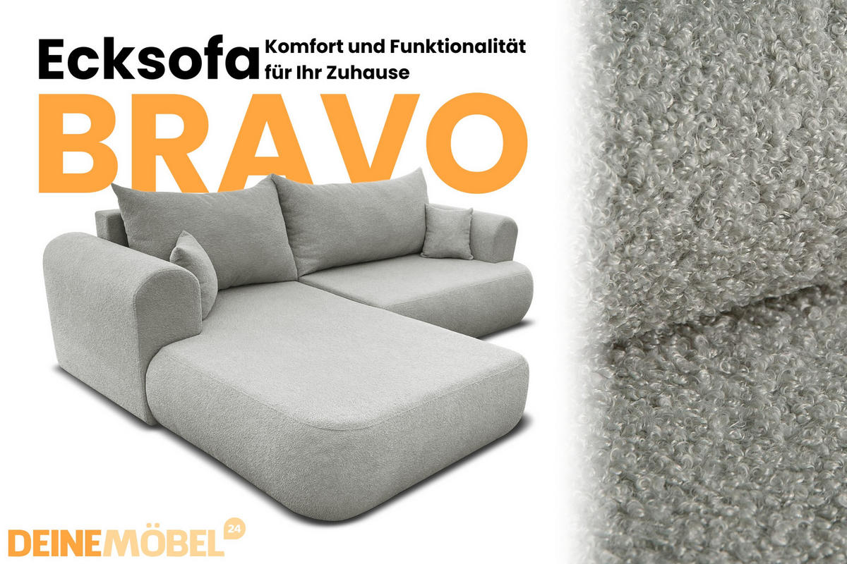 ECKSOFA BRAVO 280/180 in Bouclé Hellgrau links - Hellgrau, Holz/Holzwerkstoff (280/180cm) - Deine Möbel 24