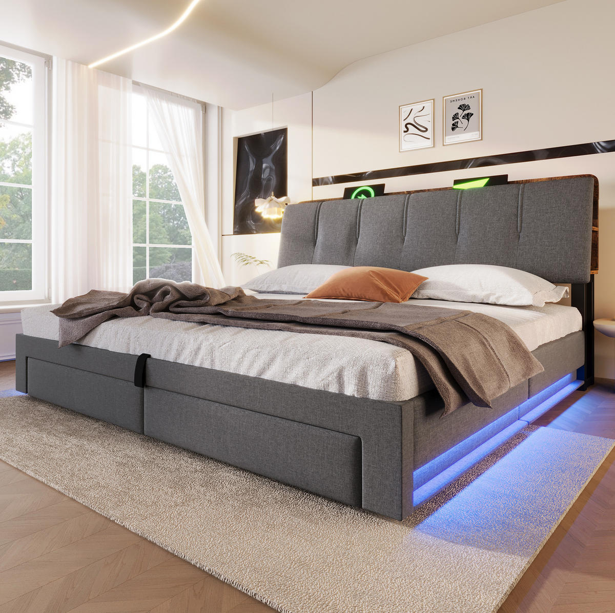 POLSTERBETT 180/200 cm aus Leinen mit hydraulischem Bettkasten, USB-/Typ-C-Anschluss, LED-Beleuchtung, Grau - Grau, Textil (180/200cm) - Redom