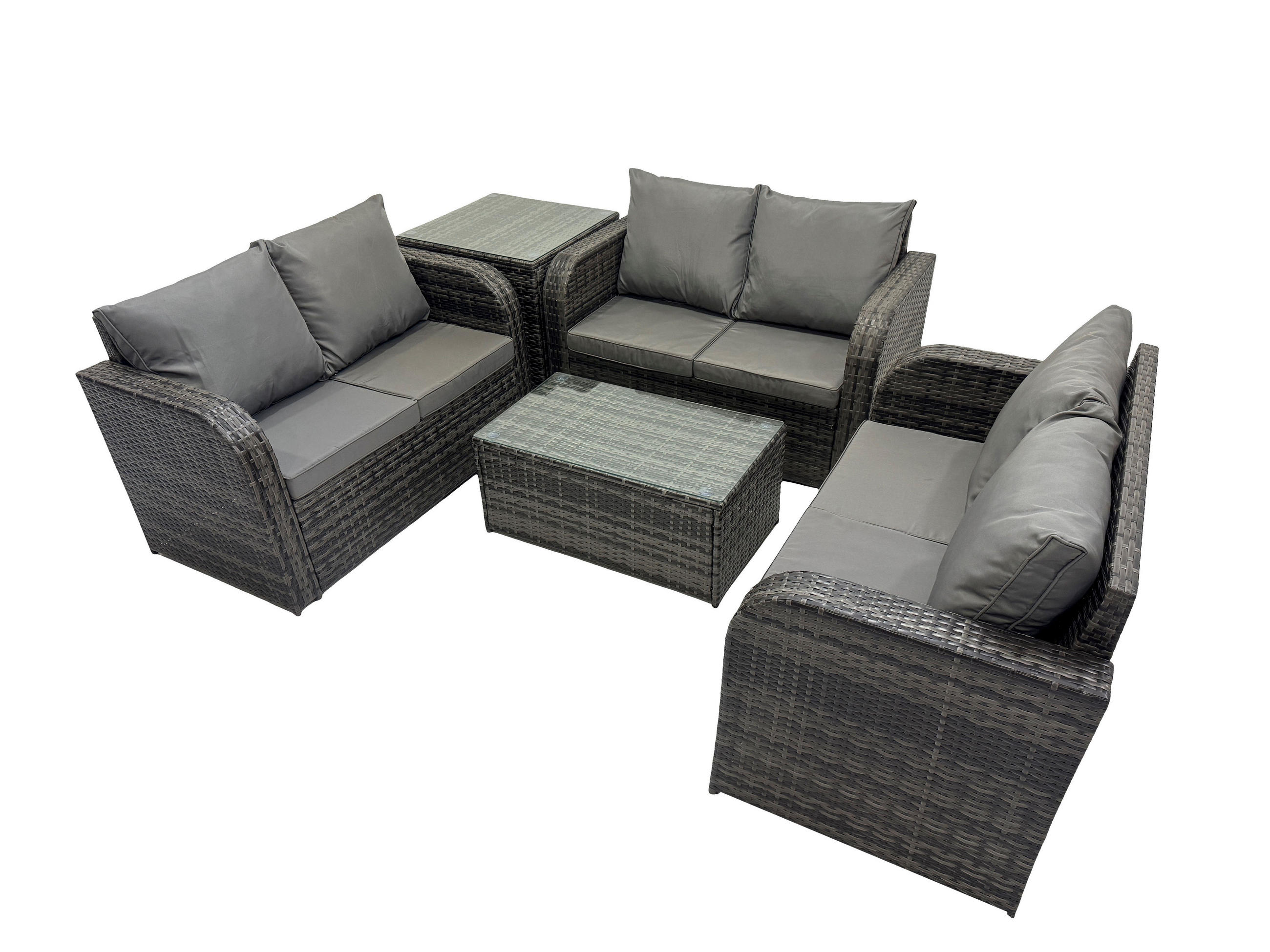 GARTENMÖBELGARNITUR mit KISSEN Polyrattan Dunkelgrau 6-Sitzer - Dunkelgrau/Grau, Glas/Kunststoff - Fimous