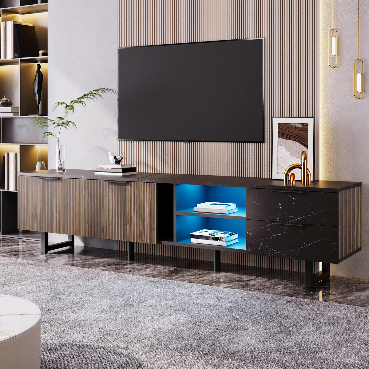 TV-SCHRANK mit schwarzer Marmoroptik, Holzmasertüren und LED 200/38/50 cm - Schwarz, Holzwerkstoff (200/38/50cm) - Redom