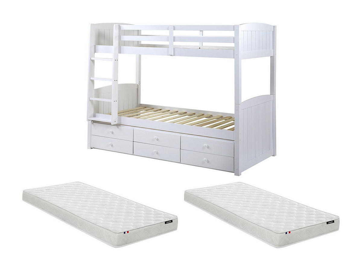 ETAGENBETT Stapelbett Massivholz + Lattenrost + Matratzen - 2 x 90 x 190 cm - Kiefer weiß - ANCHISE II - Weiß, Holz (97/198cm) - Vente-Unique