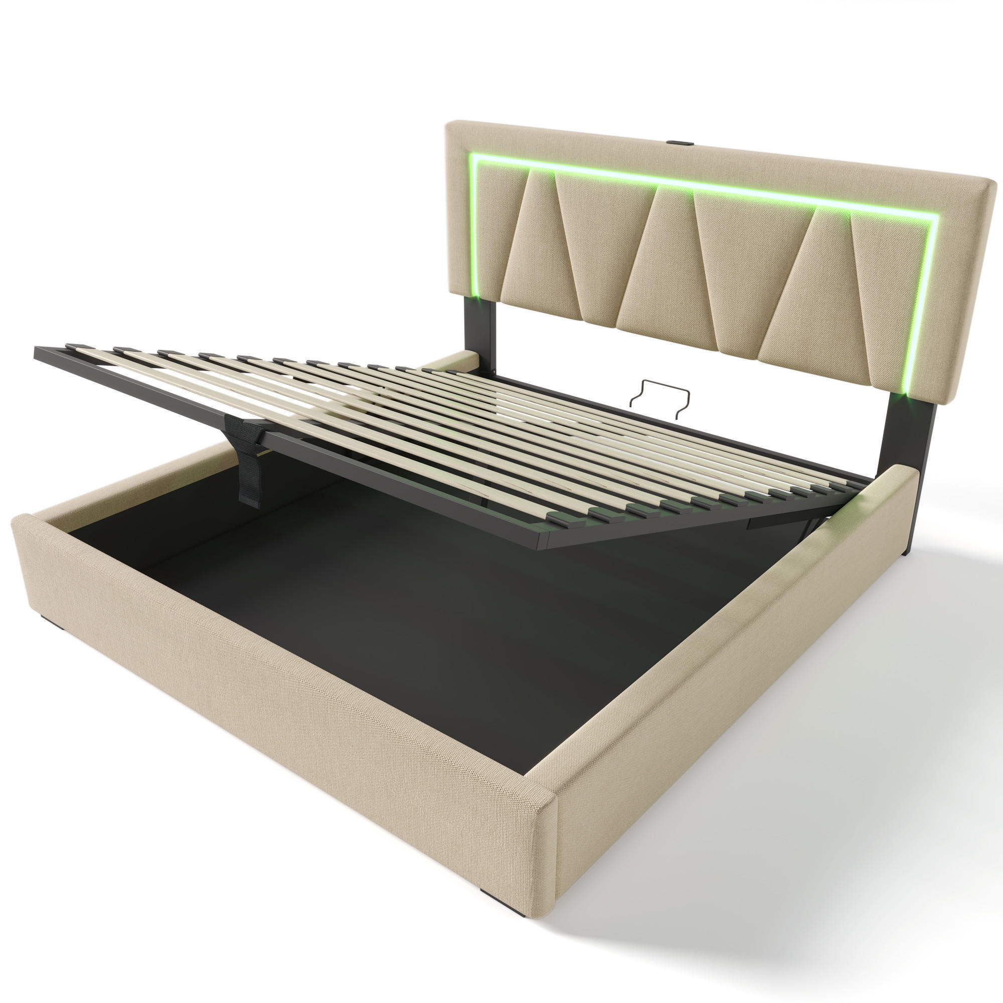 POLSTERBETT 160/200 cm in Beige Leinen mit Bettkasten, LED, USB und Type-C - Beige, Holzwerkstoff/Textil (160/200cm) - WISHDOR