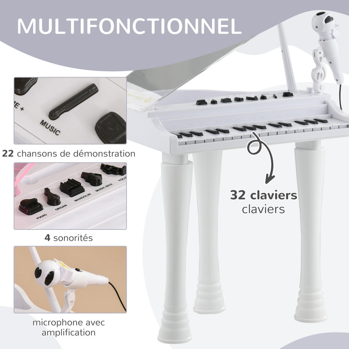 KINDERPIANO DE-18645 32 Tasten mit Mikrofon & LED Weiß - Weiß, Kunststoff (30.5/60.4/37cm) - ComfortXL