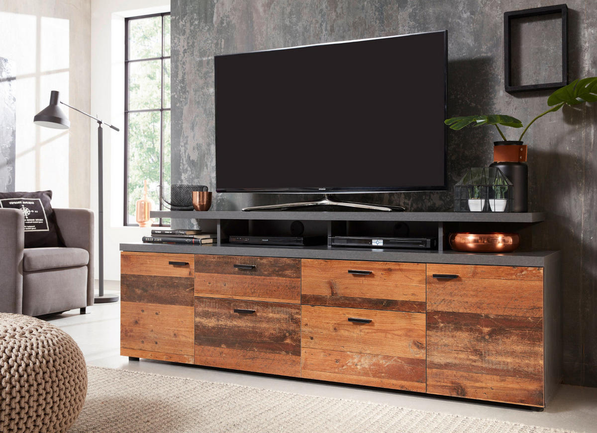 TV-LOWBOARD Old Used Wood Design mit grau Shabby 180 x 66 cm, TV Unterteil in Komforthöhe - Schwarz/Braun, Holzwerkstoff/Kunststoff (180/66/47cm) - Top.Furn