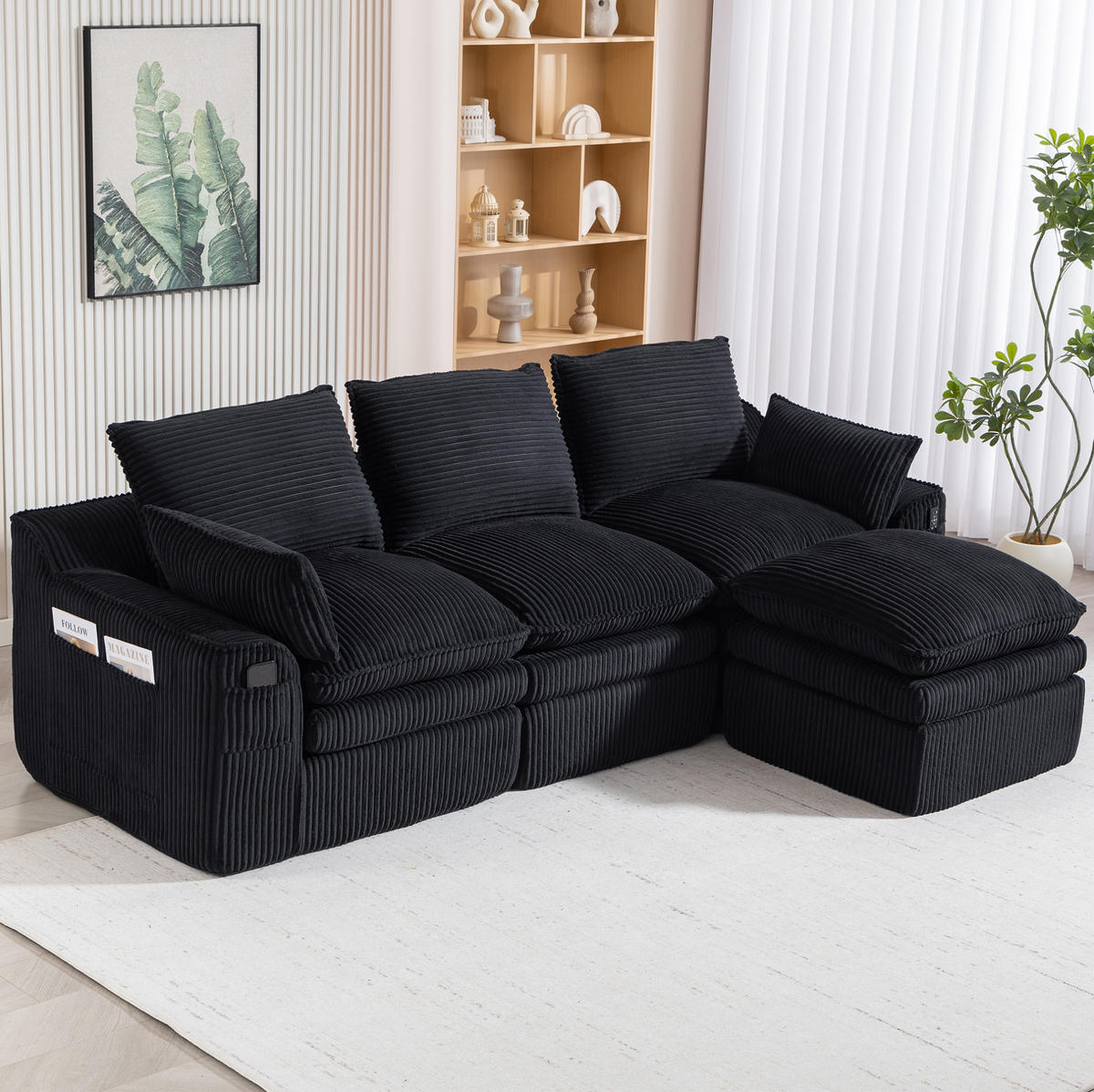 3-STIZER Sofa 263/167/85 cm frei kombinierbar mit Hocker, Seitentaschen und Kissen, Schwarz - Schwarz, Textil (263/85/167cm) - Redom