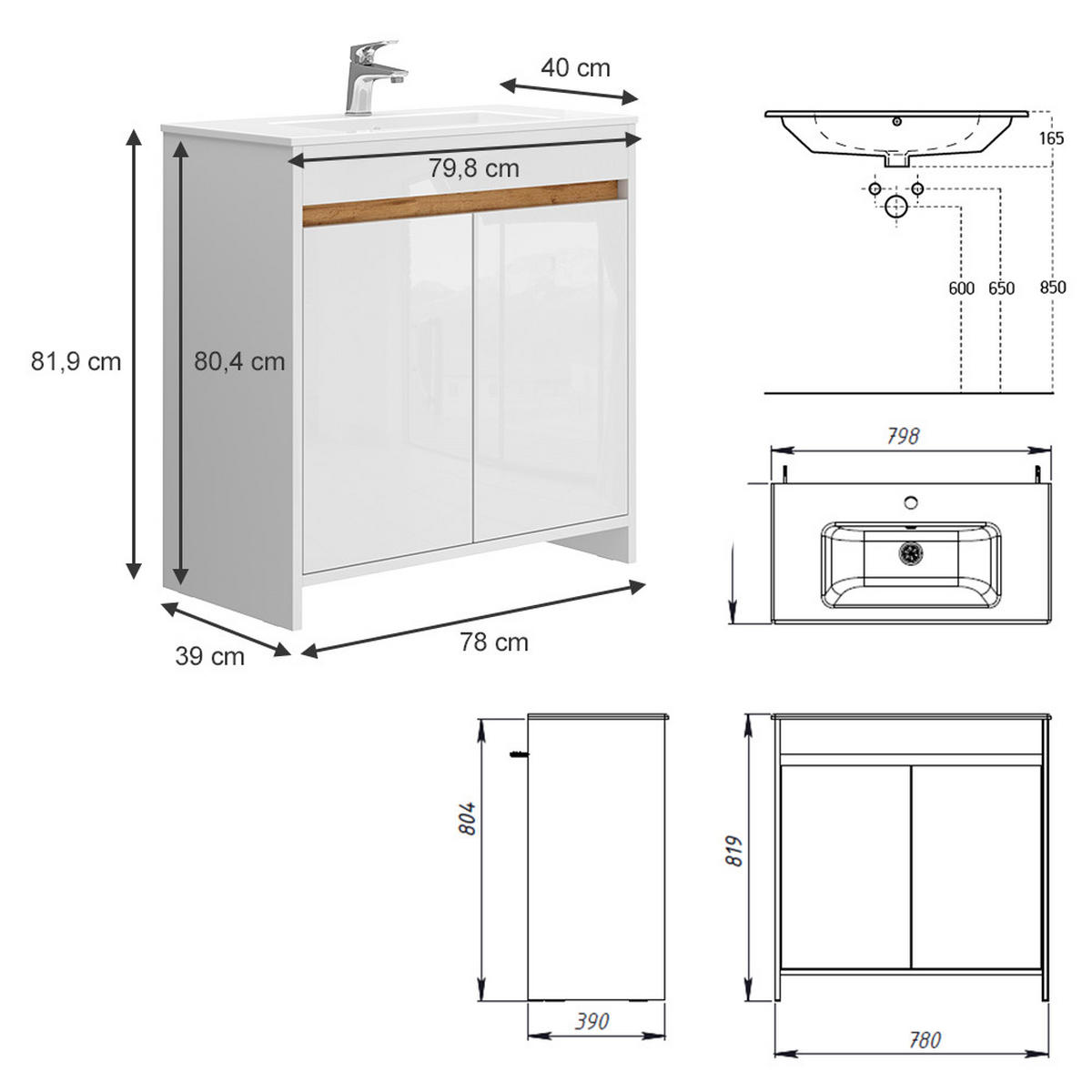 WASCHTISCHKOMBI Lemgo Weiß 2 Teile, Unterschrank 80 cm - Weiß Hochglanz/Weiß, Holzwerkstoff (79.8/81.9/40cm) - Vicco