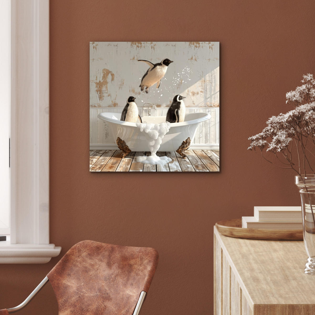 KOVOVÝ OBRAZ Vintage - Tučniak - Vaňa - Pena 50x50 cm - čierna, kov (50/50cm) - MuchoWow