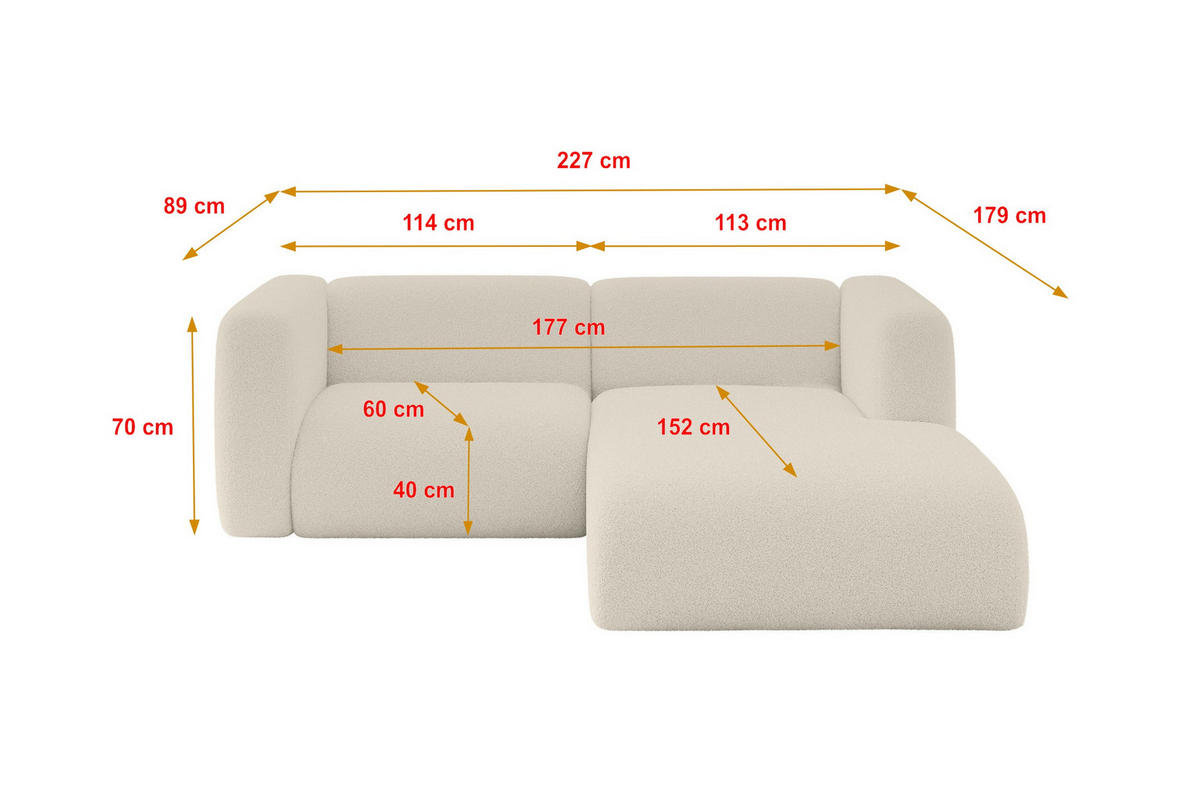 ECKSOFA Ottomane Rechts MIRA-L1 227x179x89 Beige Bouclé - Kaschmir/Beige, Holzwerkstoff/Kunststoff (227/179cm) - ALTDECOR