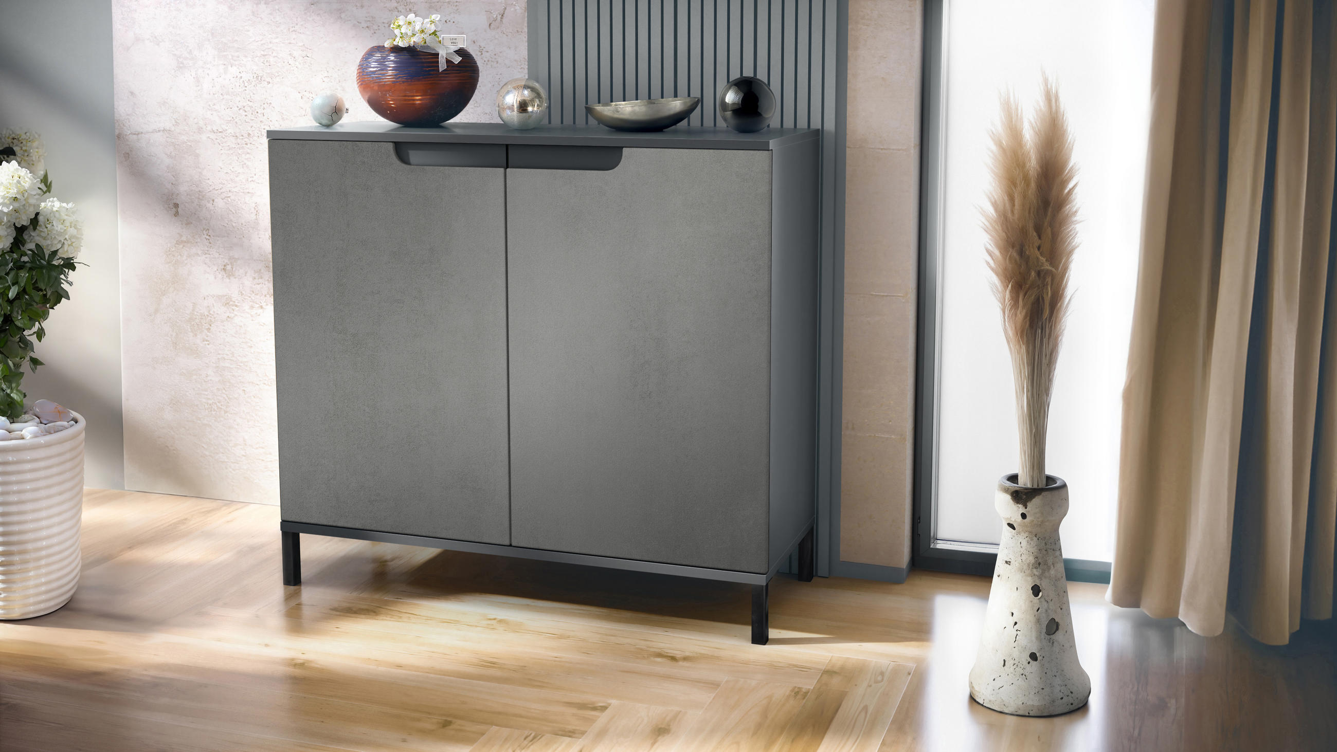 KOMMODE Sylt Beton Dunkel Optik - Dunkelgrau, Holzwerkstoff (92.5/83.5/35cm) - Vladon