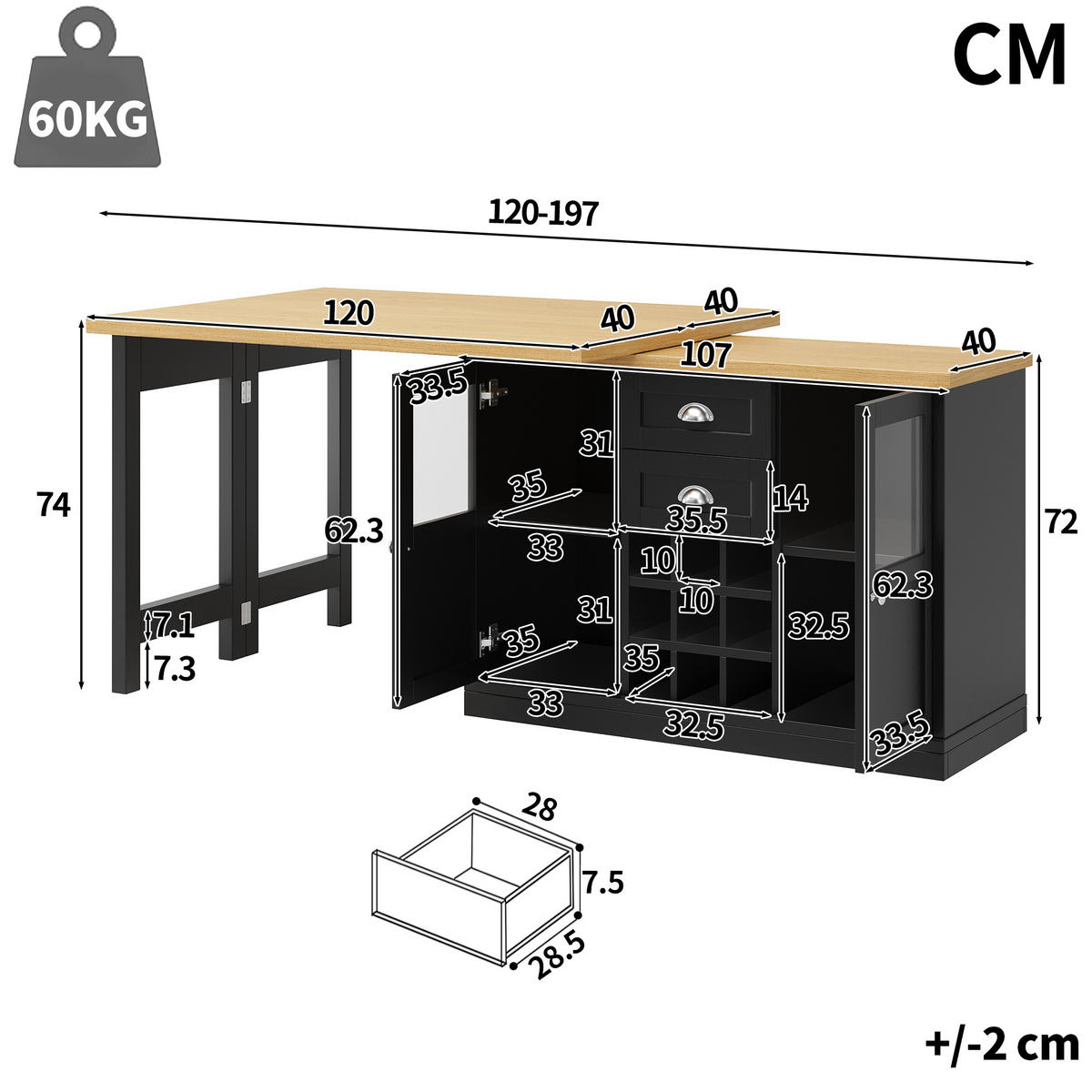 ESSTISCH Ausziehbar 120–197cm 360° LED Stauraum Weinregal - Schwarz, Holzwerkstoff (40/120/72cm) - FLIEKS