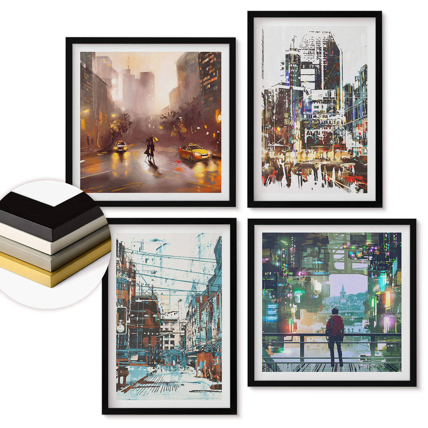 WANDBILDER 4er-Set - 50x50 cm & 40x60 cm Schwarzer Rahmen - Moderne, farbenfrohe Städte mit Charakteren - Schwarz, Kunststoff (50/50cm) - ArtPrintCave