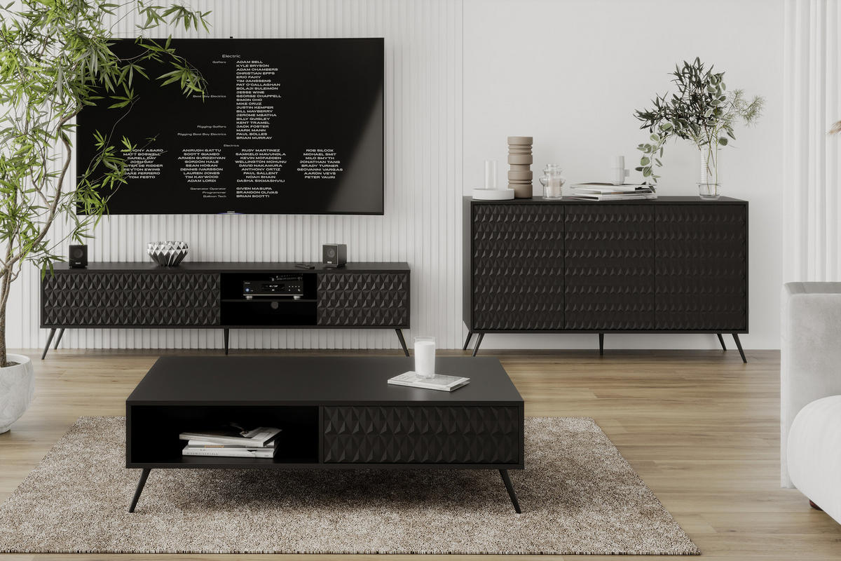 SIDEBOARD Delvine 3T Schwarz 154/78/38 cm – mit schwarzen Beinen und 3 verzierten Türen - Schwarz, Holzwerkstoff (154/78/38cm) - AX Living