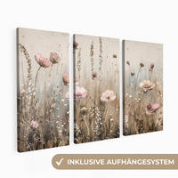 SLIKA NA PLATNU Set od 3 dijela Cvijeće 60x40 cm - svijetlo bež, tekstil (60/40cm) - MuchoWow