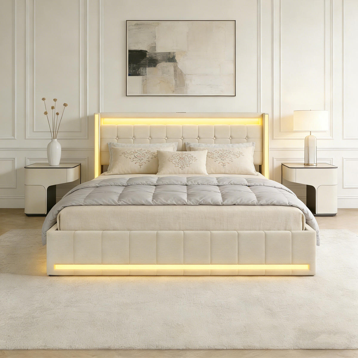POLSTERBETT 180x200 cm mit 4 Schublade, Doppelbett 180x200 cm mit LED und USB, Lattenrost, Bett 180x200, Beige Leinenstoff - Beige, Holzwerkstoff/Textil (180/200cm) - GENKI LIVING
