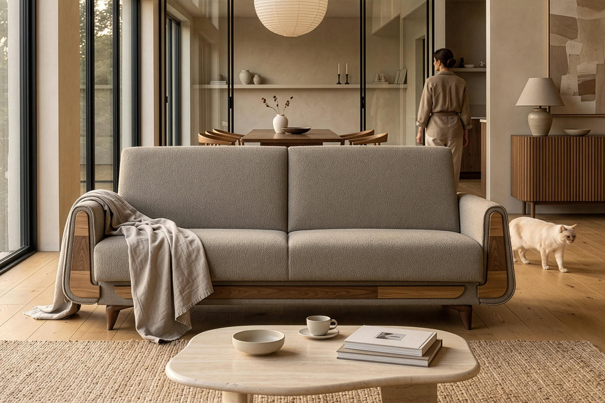 3-SITZER-SCHLAFSOFA GUSTAVO mit Armlehnen, Dunkelbeige - Graubraun/Beige, Holz/Holzwerkstoff (230/98/98cm) - KONSIMO®