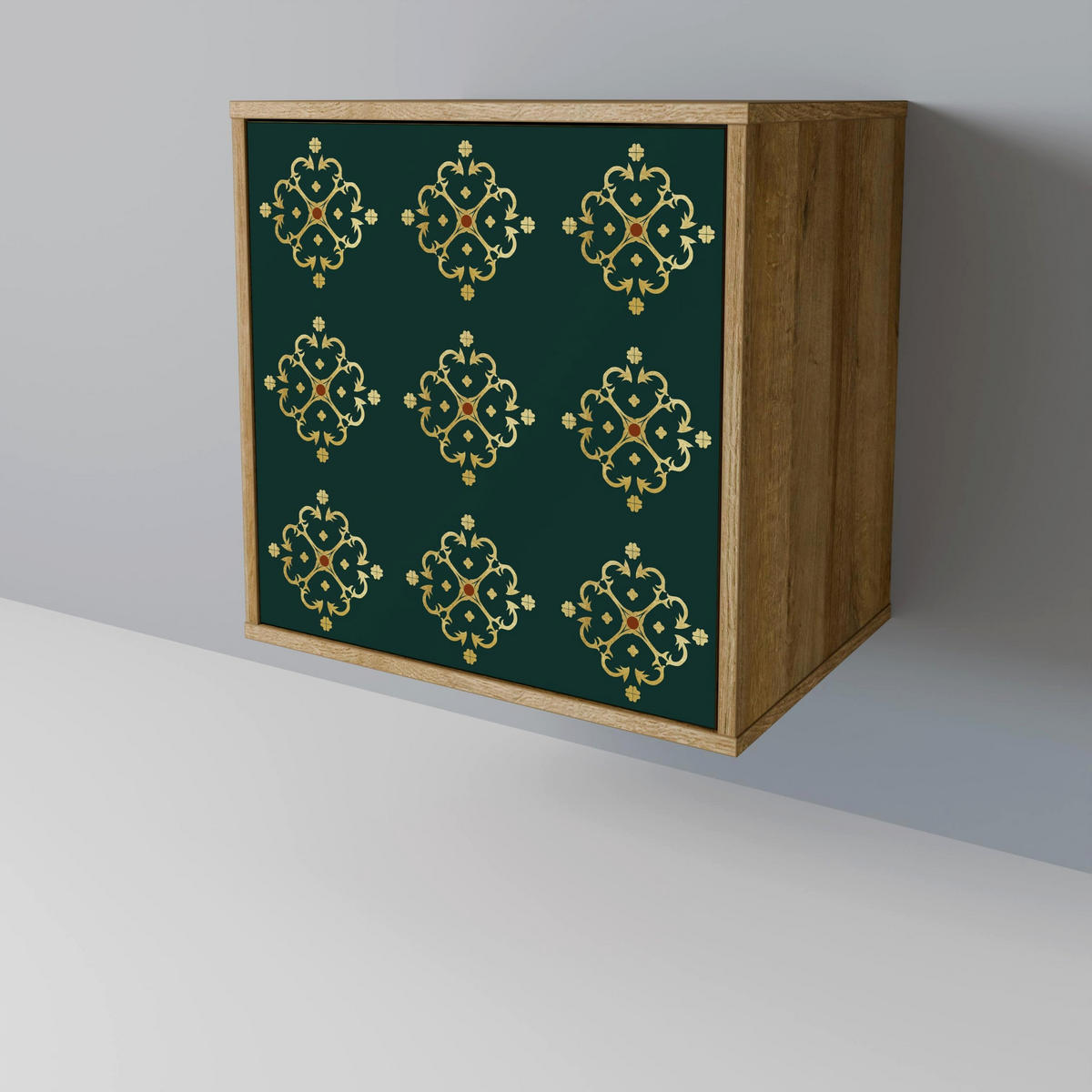 SIDEBOARD ROYAL MEDALLION, Eichefarben, 57,5x42x70,5 cm, Schwarze Metall-Sternfüße - Eichefarben/Multicolor, Holzwerkstoff/Metall (57.5/70.5/42cm) - SpaceRebels