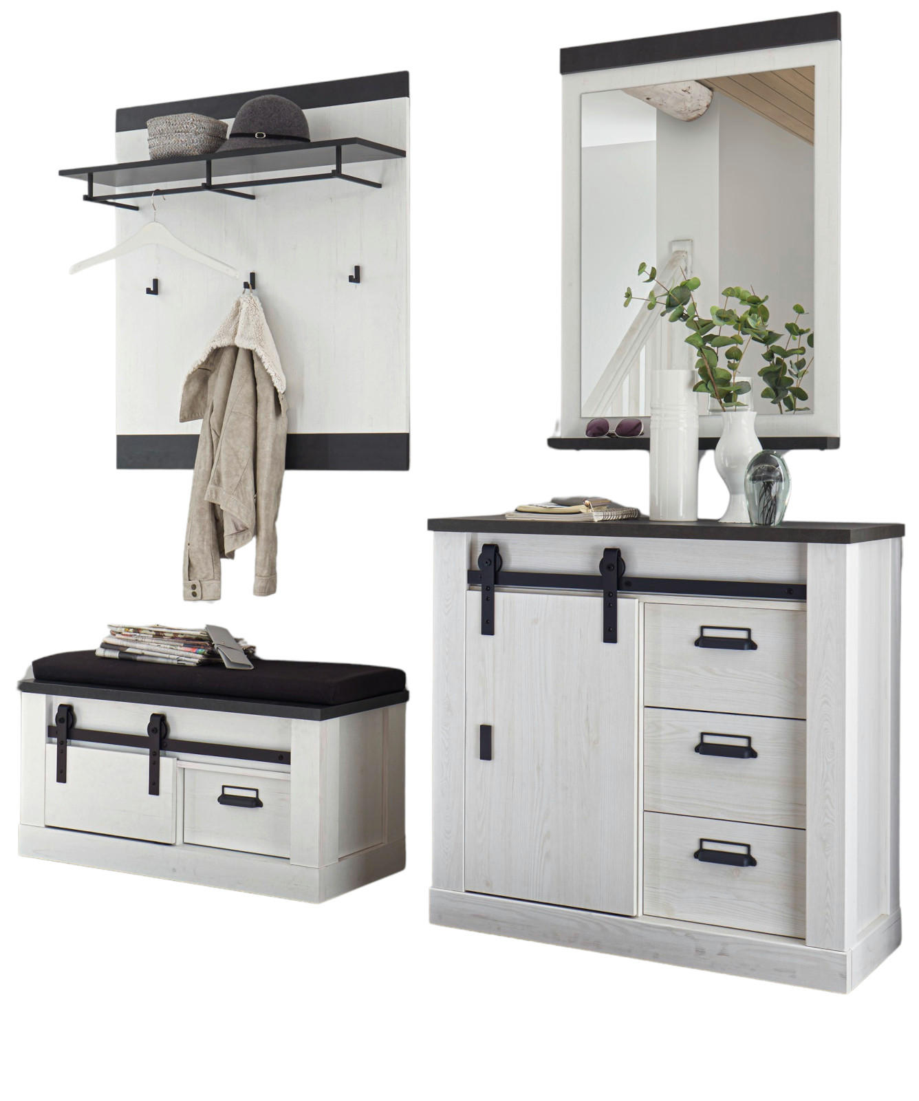 GARDEROBEN-SET 5-teilig weiß Pinie, anthrazit Landhaus, Garderobenkombination 206 cm - Anthrazit/Weiß, Holzwerkstoff/Metall (206/200/43cm) - Furn.Design