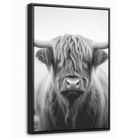LEINWAND Bilder mit Rahmen - Schottischer Highlander - Nebel - Schwarz - Weiß - 40x60 - Grau, Textil (40/60cm) - MuchoWow