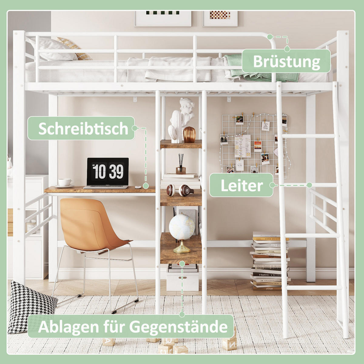 HOCHBETT 90/200 cm aus Metall mit Schreibtisch und Regalen Weiß - Weiß, Metall (90/200cm) - Modenvie