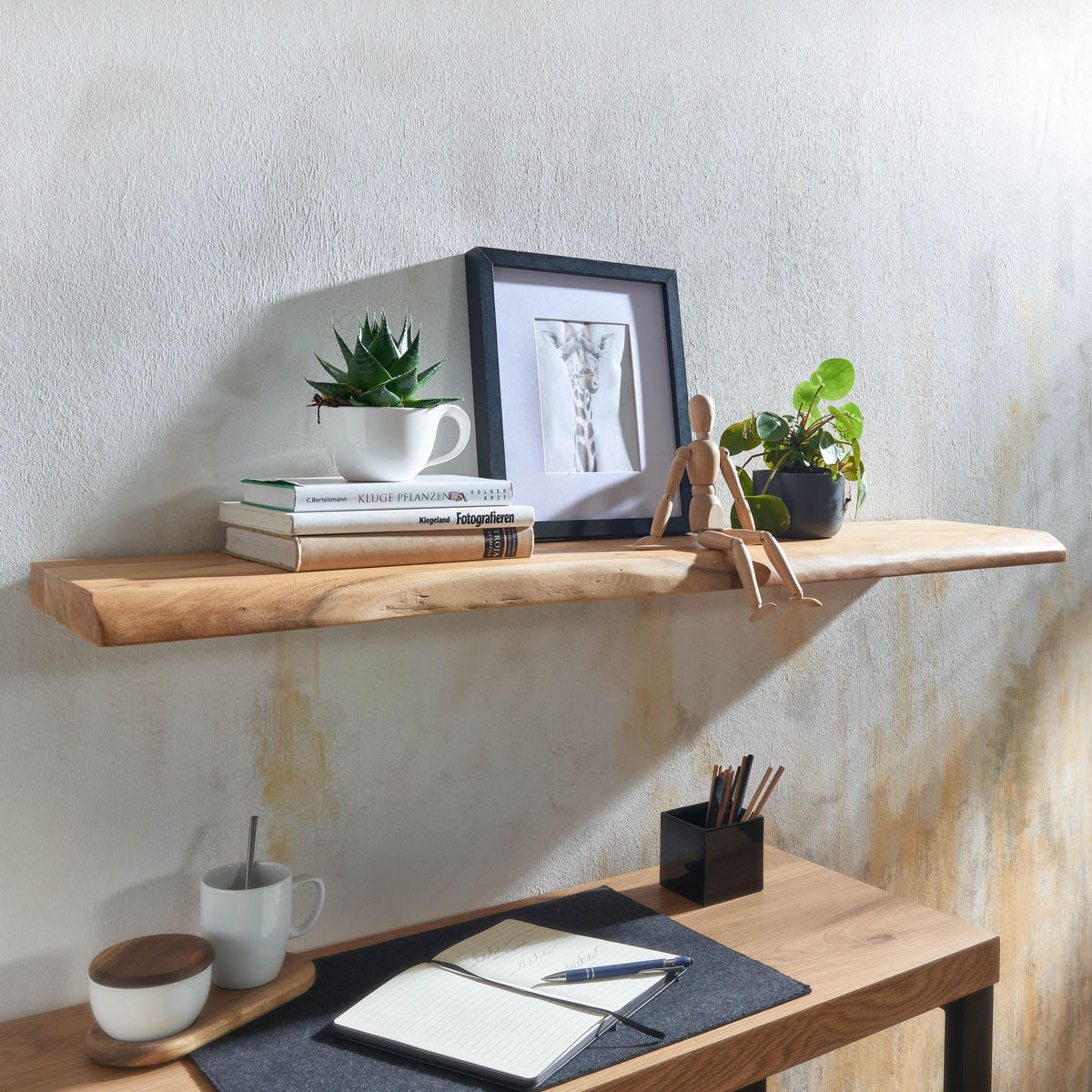 WANDREGAL Akazienholz Baumkante Rustikal, Beige 120x26x4 cm - Beige, Holz (120/4/26cm) - KADIMA DESIGN