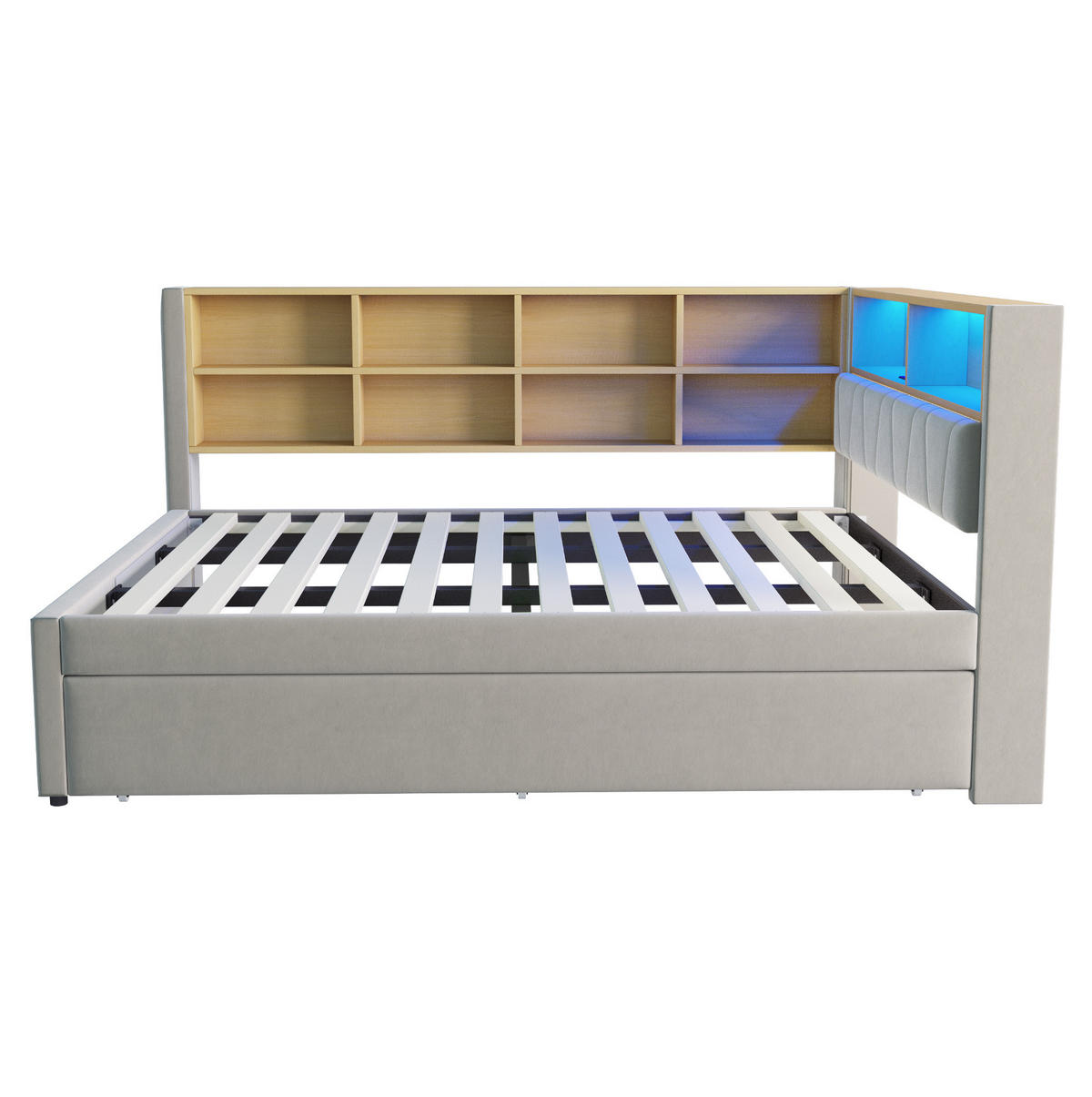 BETT 140/200 cm Hellgrau mit Ausziehbett, LED-Beleuchtung und Stauraum - Hellgrau, Textil (90/190cm) - Flora Grace