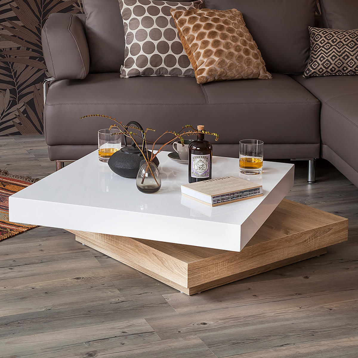 COUCHTISCH - Hochglanz Weiß / Eiche Sonoma Dekor - Weiß Hochglanz/Eichefarben, Holzwerkstoff (75/75/30cm) - home24