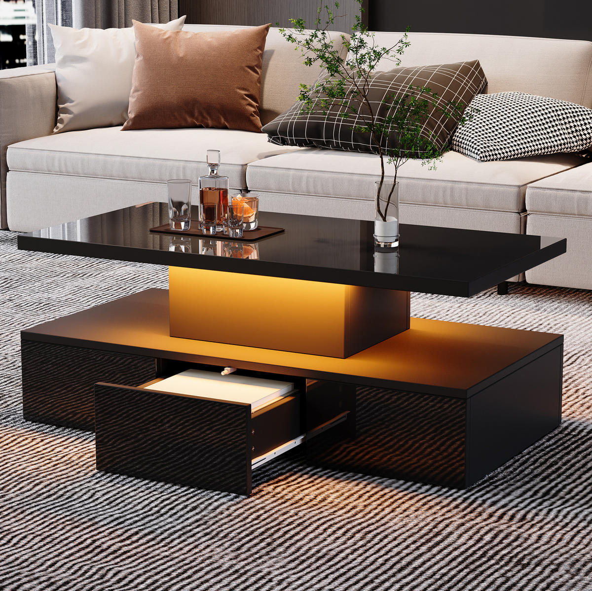 COUCHTISCH 100/50/39 cm schwarz aus Spanplatte mit LED-Licht und Stauraum - Schwarz, Holzwerkstoff (100/50/39cm) - OKMYHOME