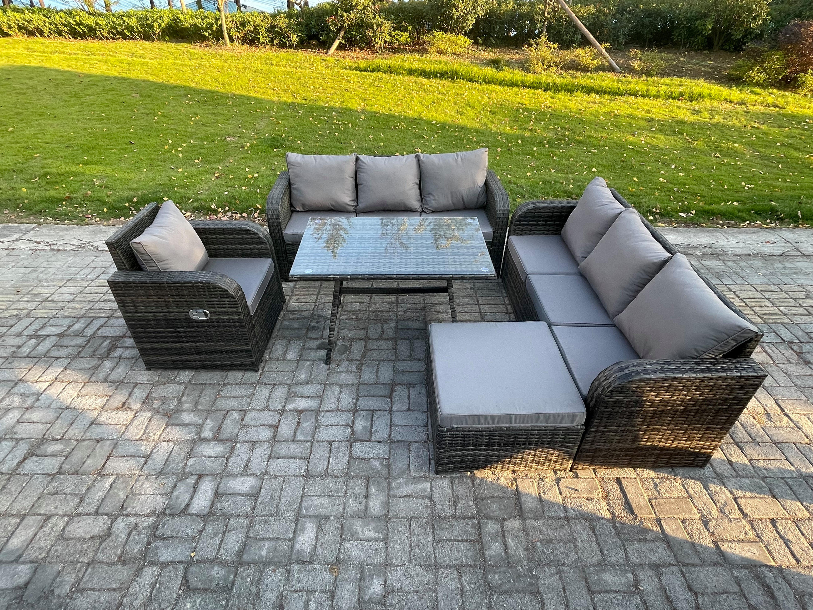 GARTENSET Hohe Rückenlehne Polyrattan 8-Sitzer - Dunkelgrau/Grau, Glas/Kunststoff - Fimous