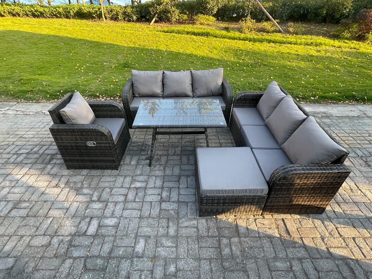 GARTENSET Hohe Rückenlehne Polyrattan 8-Sitzer - Dunkelgrau/Grau, Glas/Kunststoff - Fimous