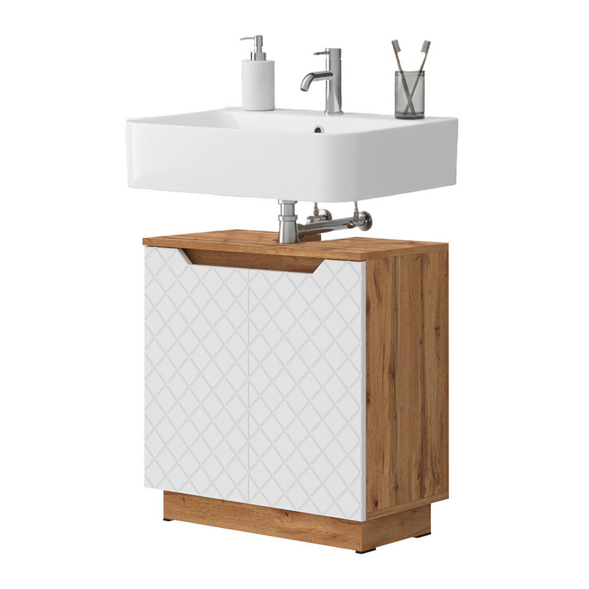 WASCHBECKENUNTERSCHRANK Lotta Eiche/Weiß mit Kachelstruktur 59.8 x 62.1 cm mit 2 Türen - Eichefarben/Weiß, Holzwerkstoff (59.8/62.1/32cm) - Vicco