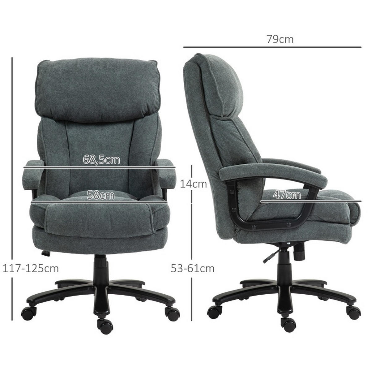 BÜROSTUHL in Grau 79x68,5x125 cm mit Wippfunktion und verstellbarer Sitzhöhe, bis 200 kg - Grau, Textil (68.5/125/79cm) - IVMEU