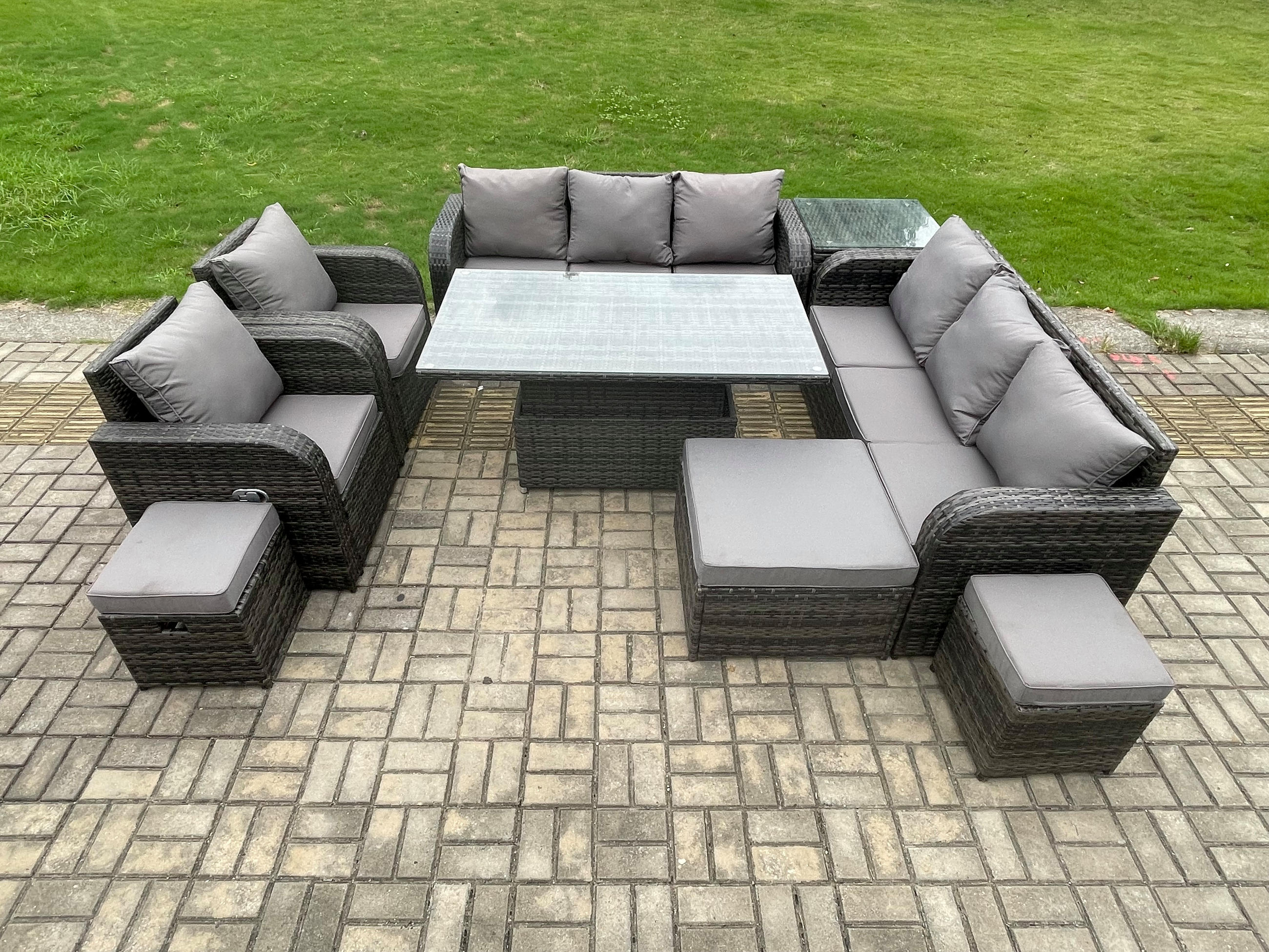 GARTENSOFA SET Polyrattan 11-Sitzer - Dunkelgrau/Grau, Glas/Kunststoff - Fimous