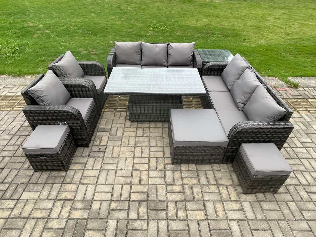 GARTENSOFA SET Polyrattan 11-Sitzer - Dunkelgrau/Grau, Glas/Kunststoff - Fimous